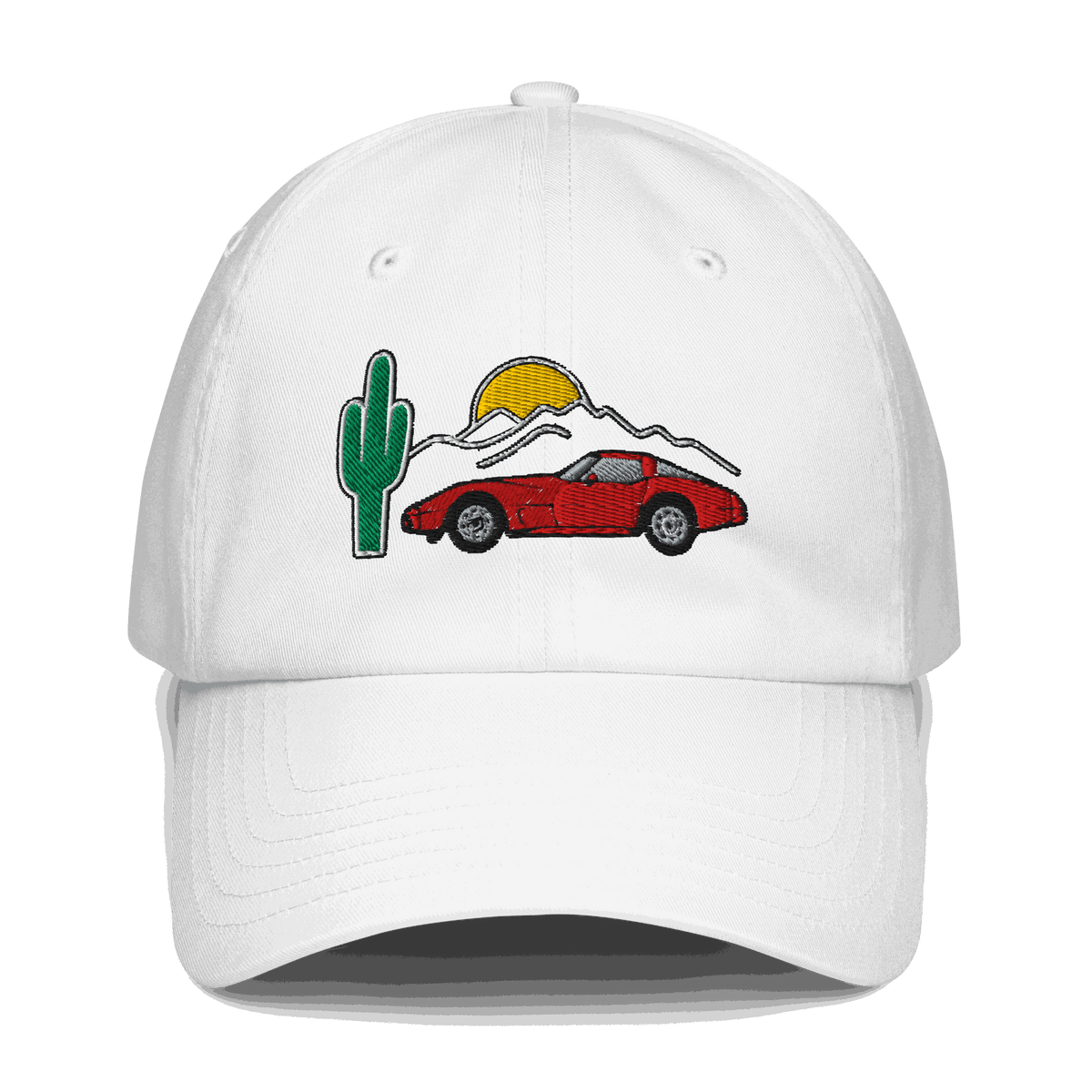 White Corvette Sunset Hat with embroidered red Corvette, cactus, and sunset design