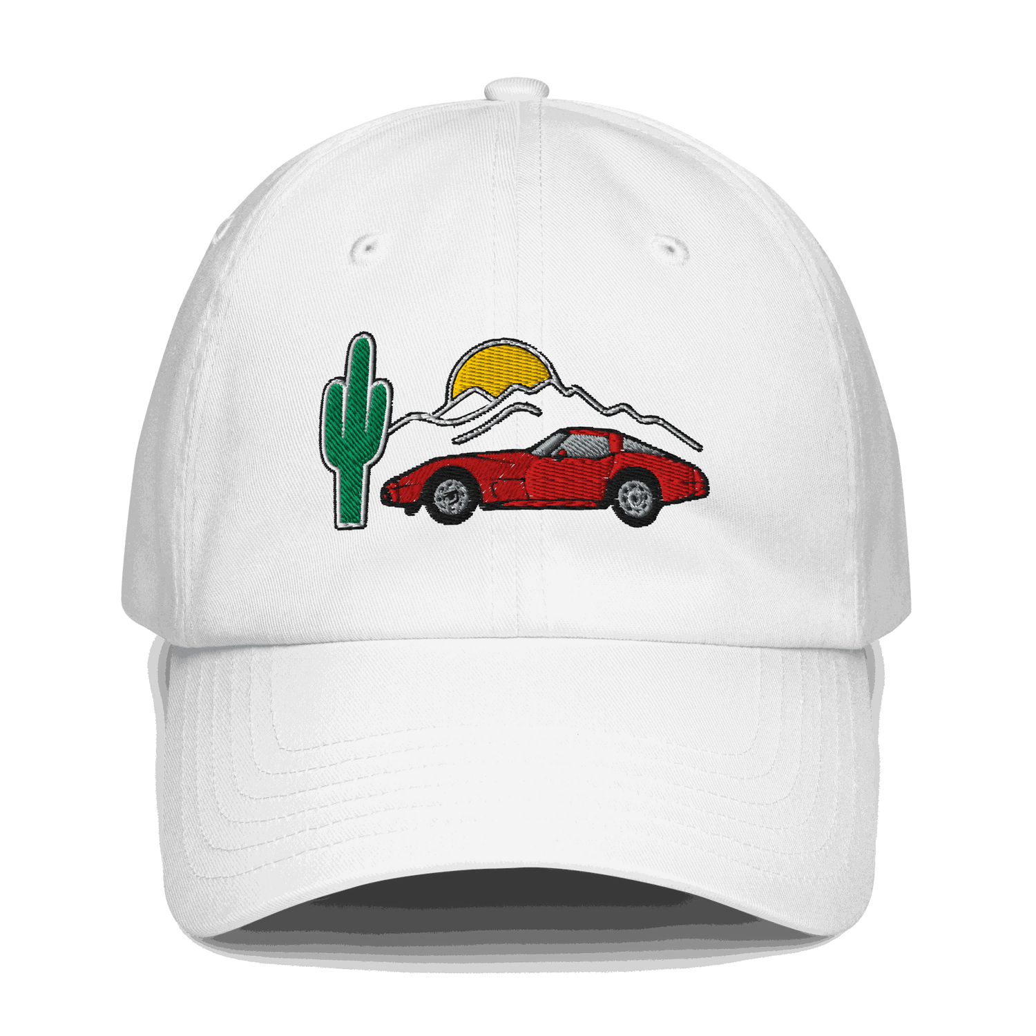 White Corvette Sunset Hat with embroidered red Corvette, cactus, and sunset design