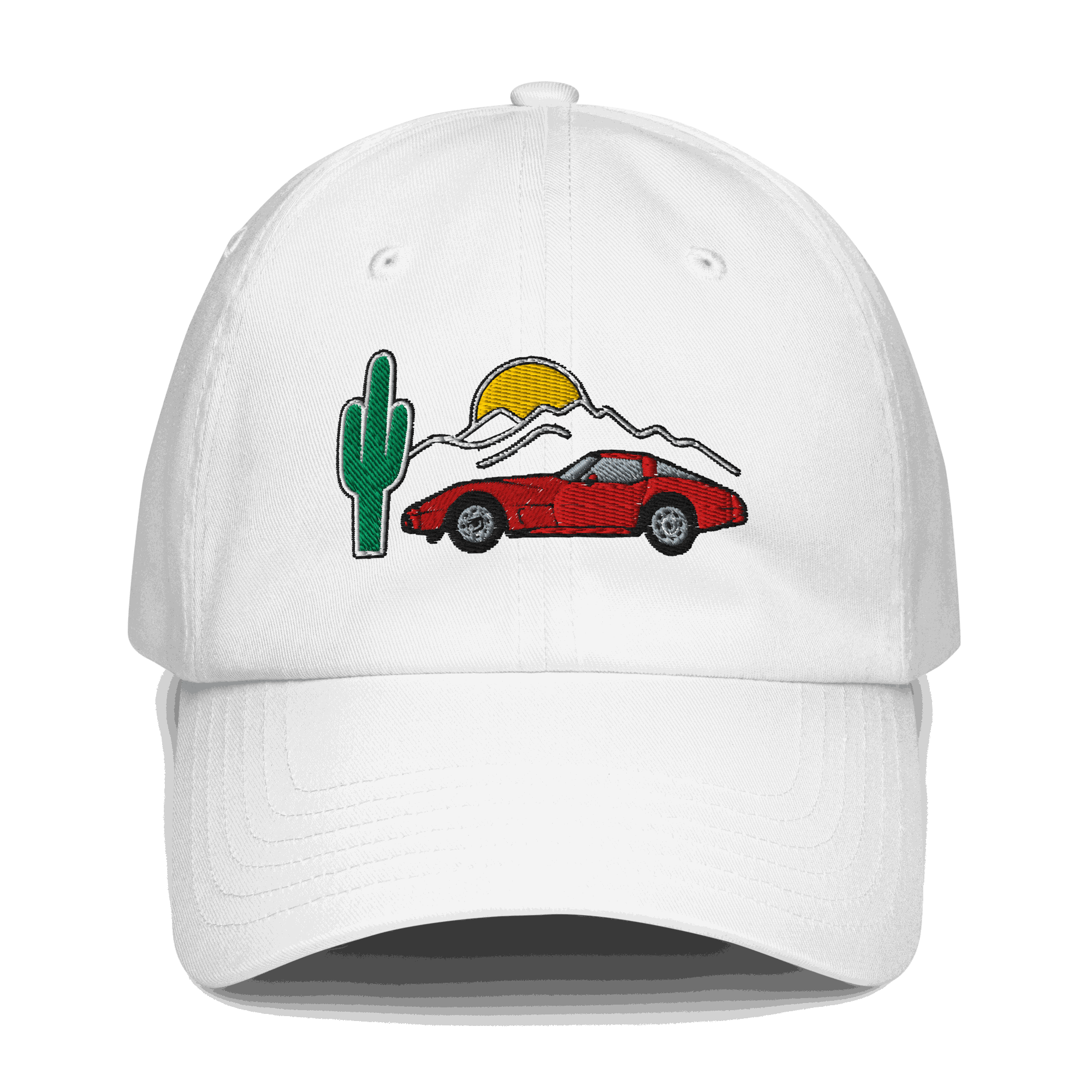 White Corvette Sunset Hat with embroidered red Corvette, cactus, and sunset design