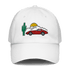 White Corvette Sunset Hat with embroidered red Corvette, cactus, and sunset design