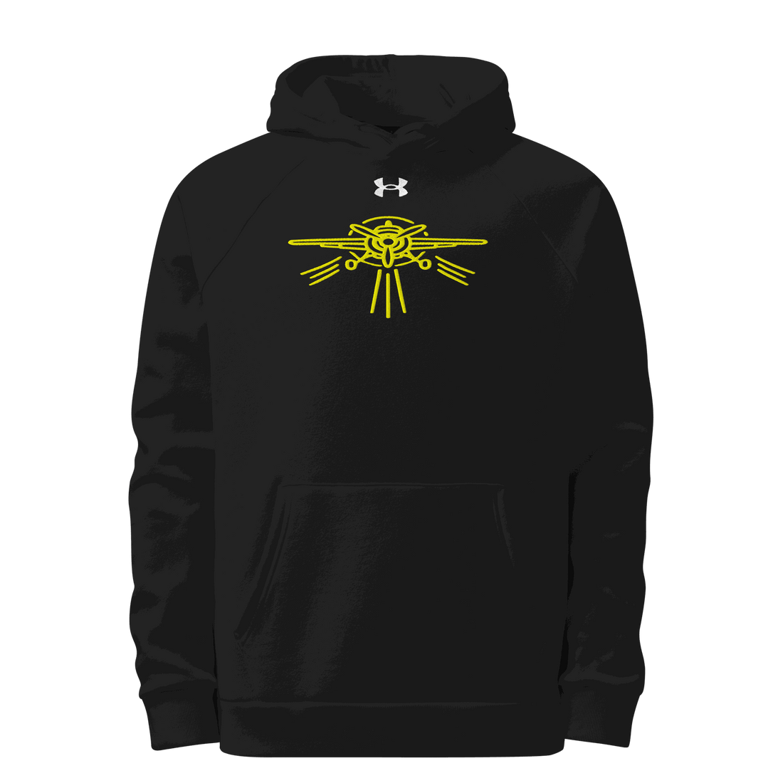 Black Prop Plane Under Armour® hoodie with yellow prop plane graphic and soft fleece fabric