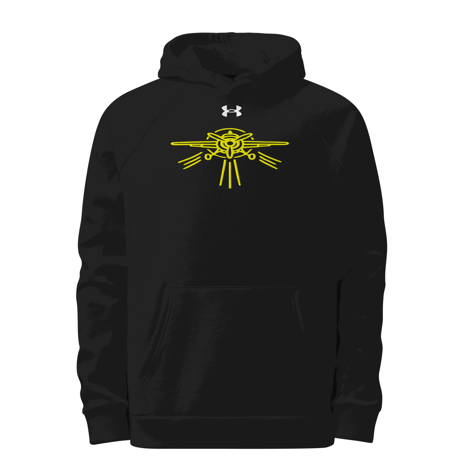 Black Prop Plane Under Armour® hoodie with yellow prop plane graphic and soft fleece fabric