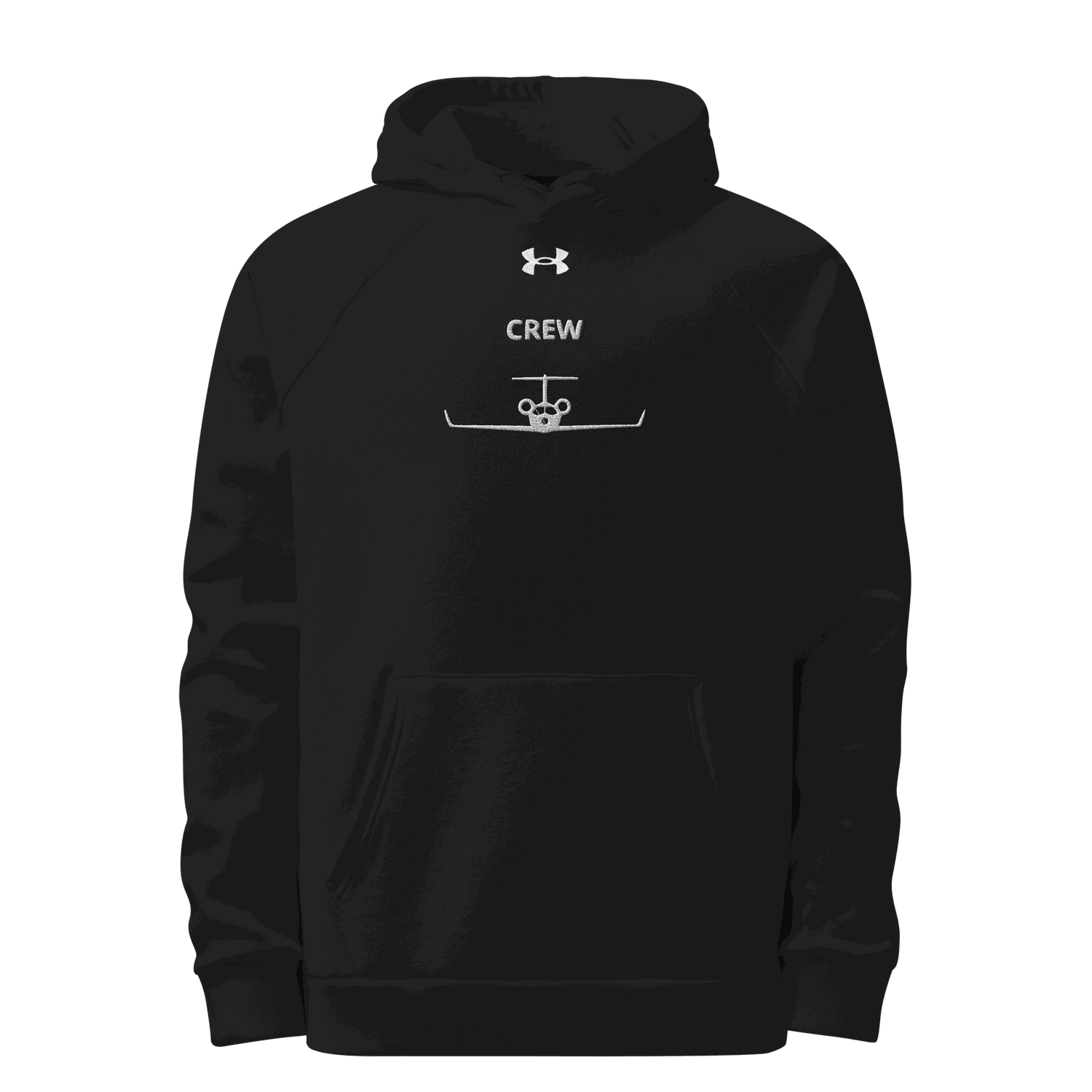 Jet Set Crew Under Armour black fleece hoodie with front pouch pocket and logo embroidery