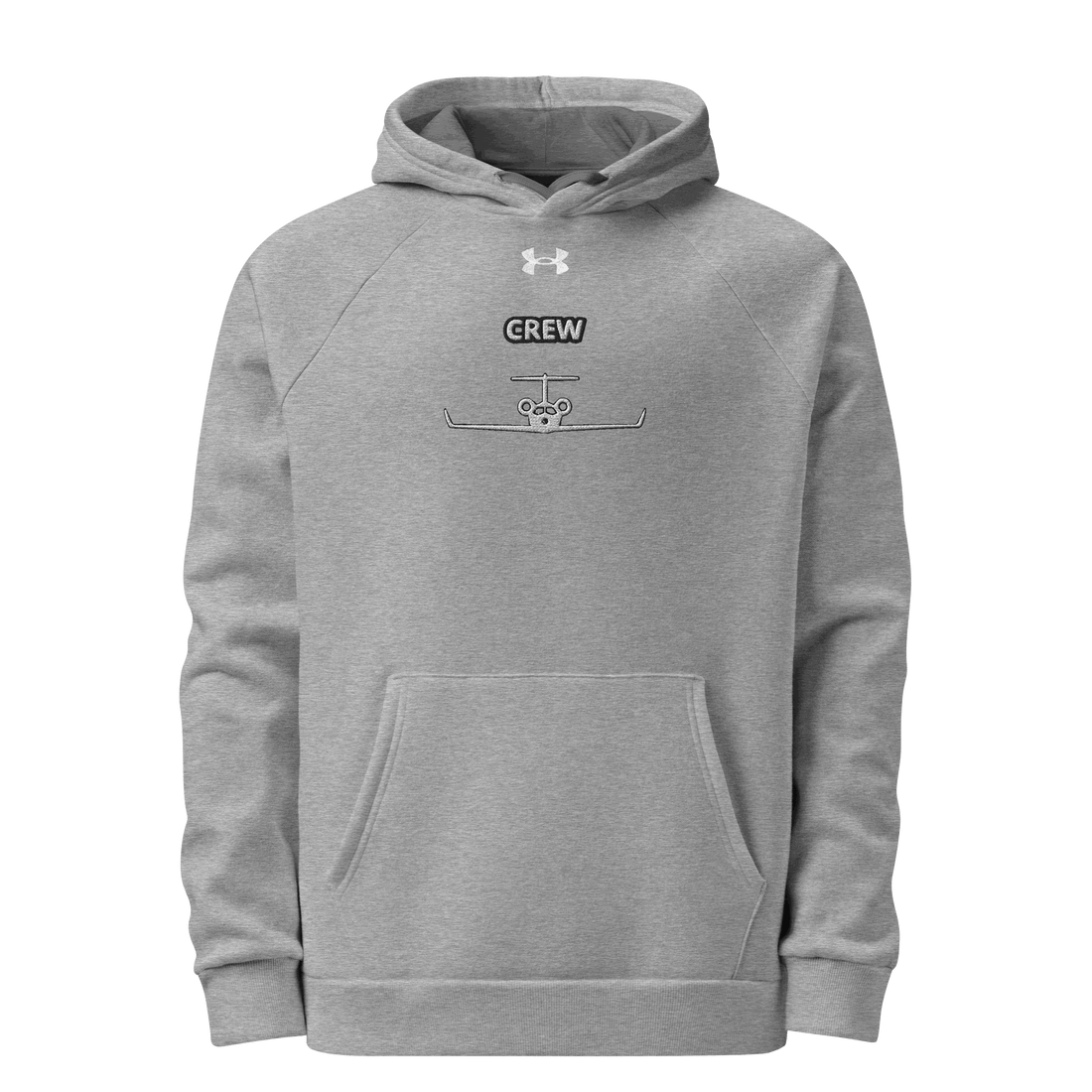 Jet Set Crew Under Armour grey fleece hoodie with front pocket and embroidered logo