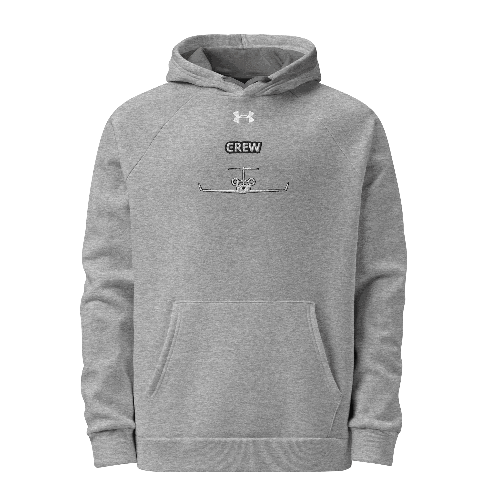 Jet Set Crew Under Armour grey fleece hoodie with front pocket and embroidered logo