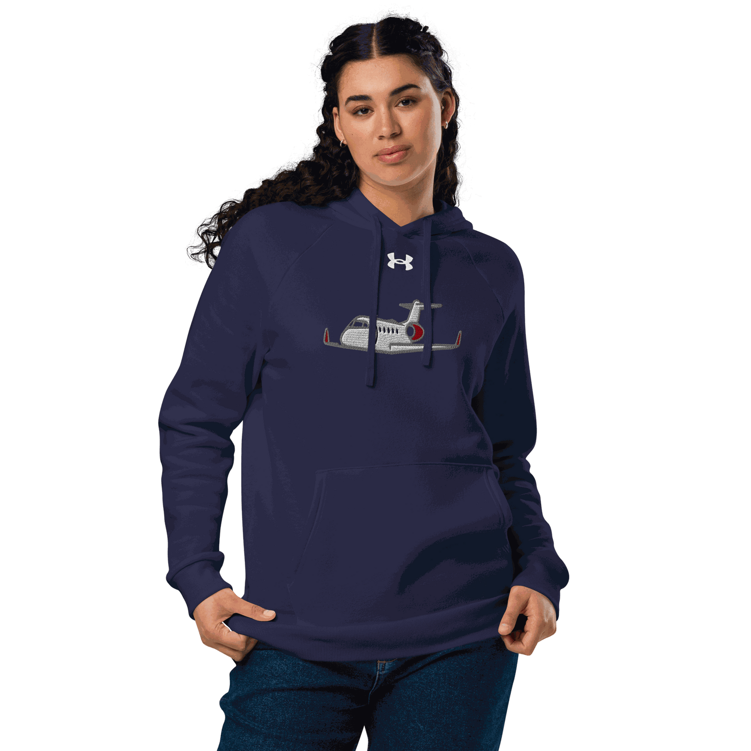 Jet Set Under Armour hoodie navy fleece with airplane graphic and front pouch pocket worn by woman