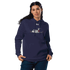 Jet Set Under Armour hoodie navy fleece with airplane graphic and front pouch pocket worn by woman