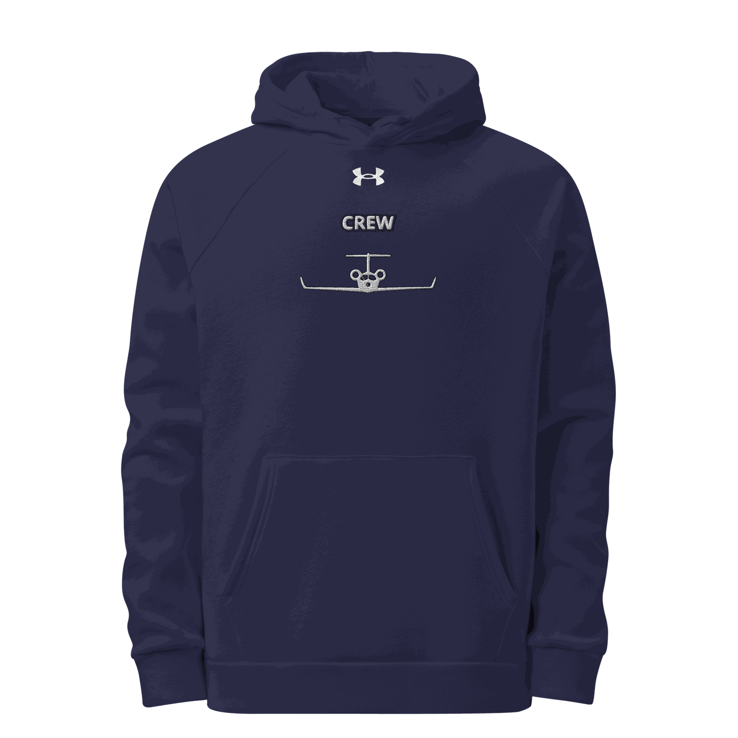 Jet Set Crew Under Armour navy blue fleece hoodie with front pouch pocket and embroidered logo