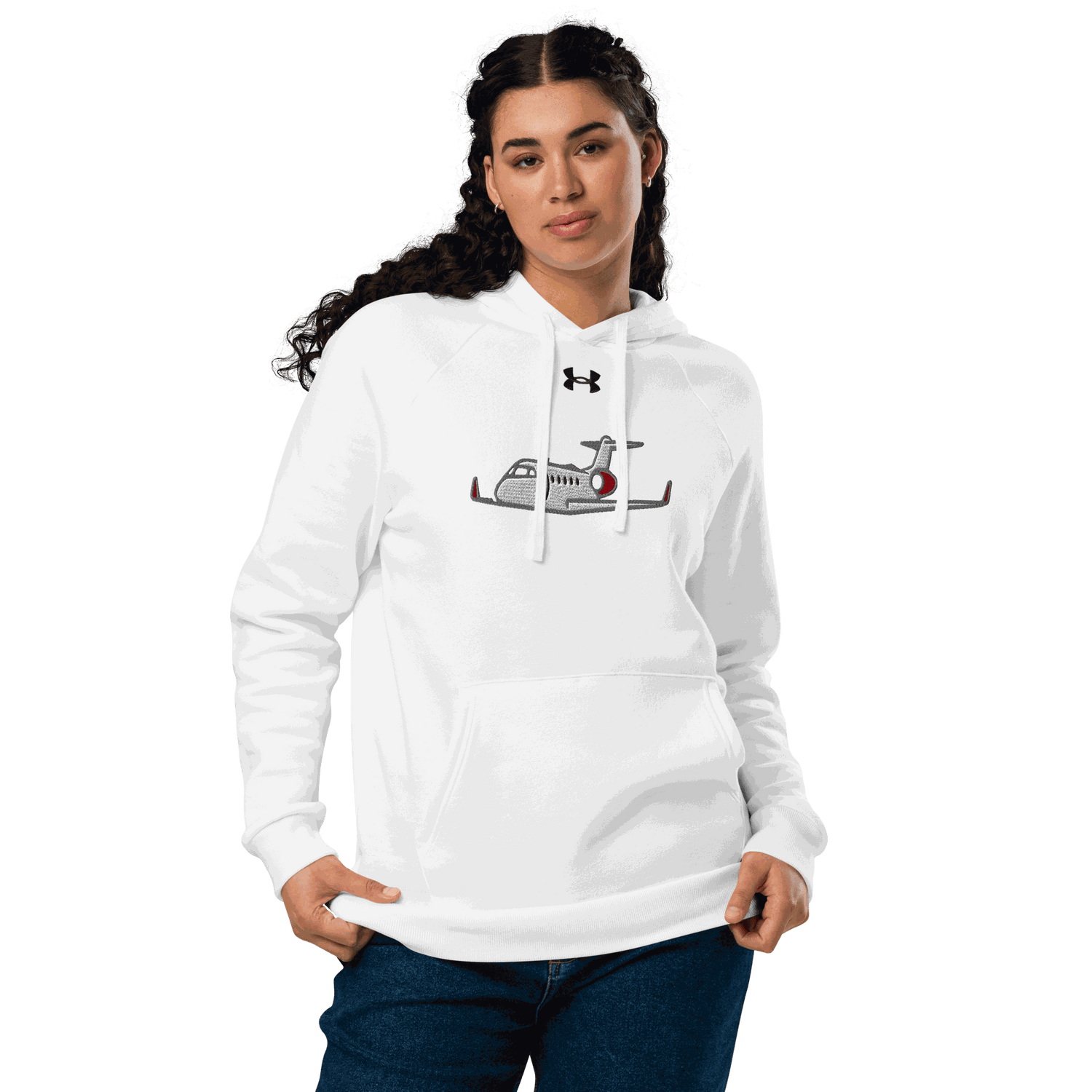 Jet Set Under Armour® hoodie white fleece with airplane design and front pouch pocket worn by woman