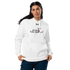 Jet Set Under Armour® hoodie white fleece with airplane design and front pouch pocket worn by woman