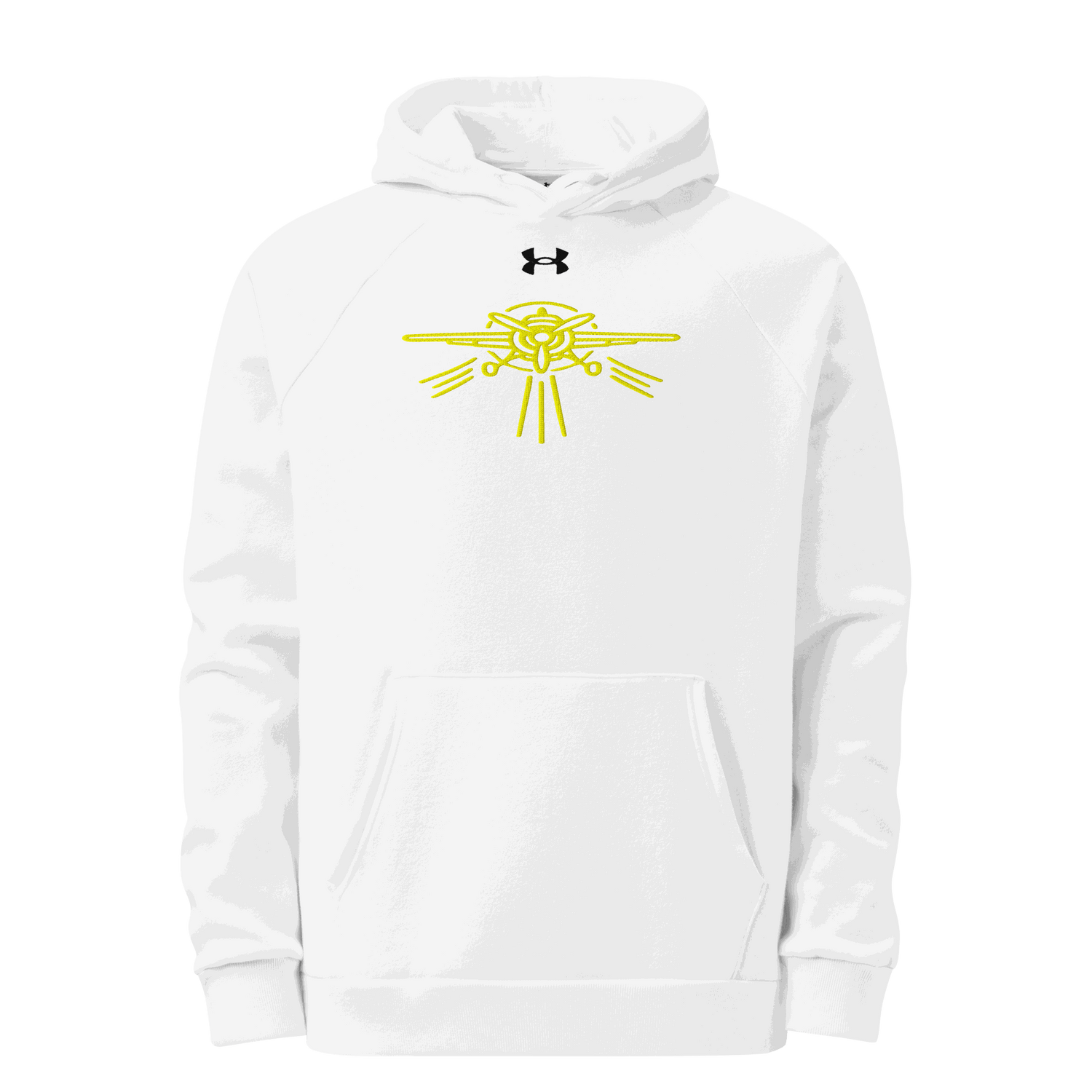 White Prop Plane Under Armour® hoodie with yellow airplane design and front pouch pocket