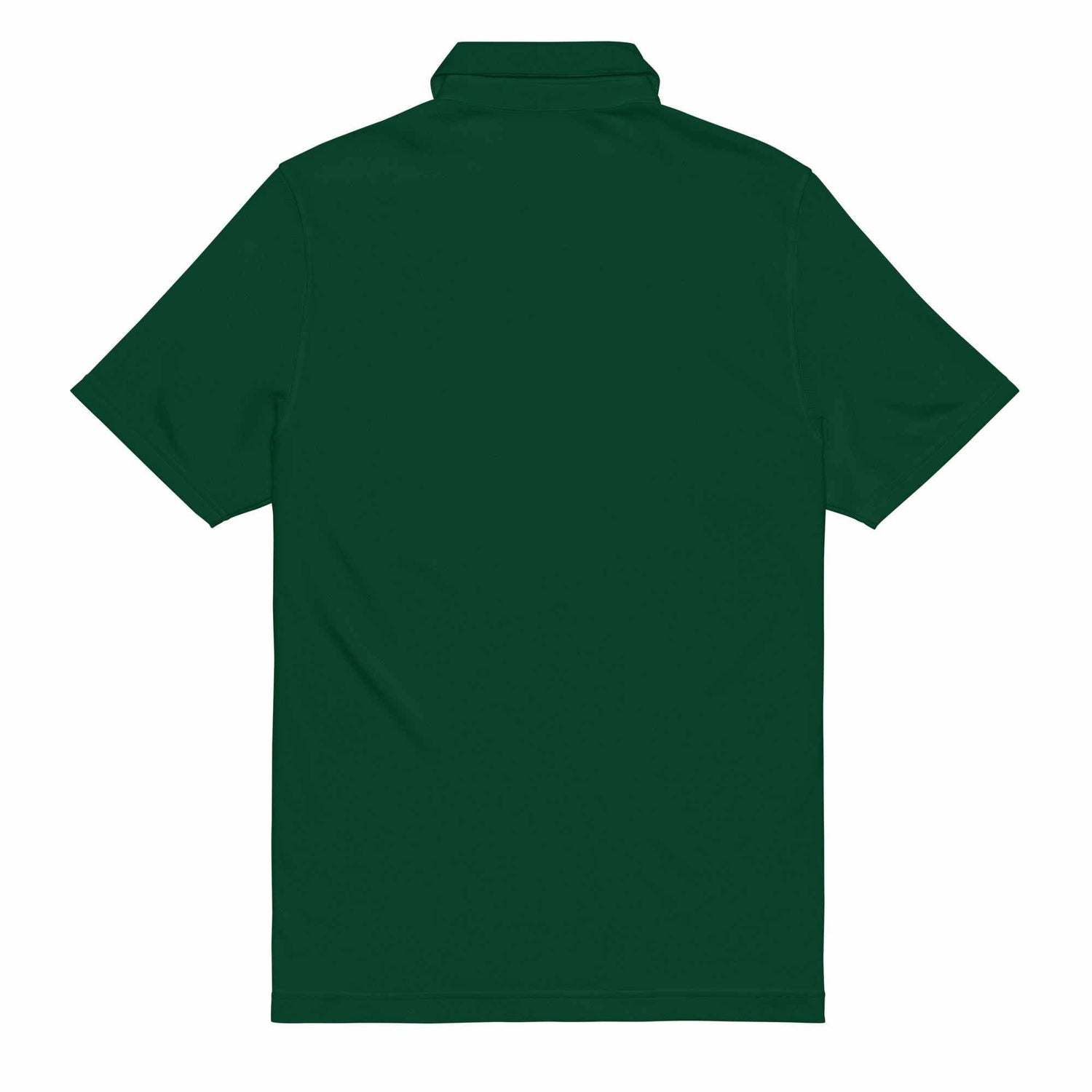 Back view of dark green pilot polo shirt with embroidered private jet logo, performance fit, moisture-wicking fabric, and collared short sleeves.