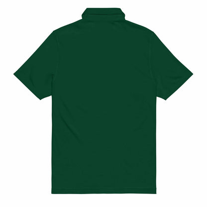 Back view of dark green pilot polo shirt with embroidered private jet logo, performance fit, moisture-wicking fabric, and collared short sleeves.