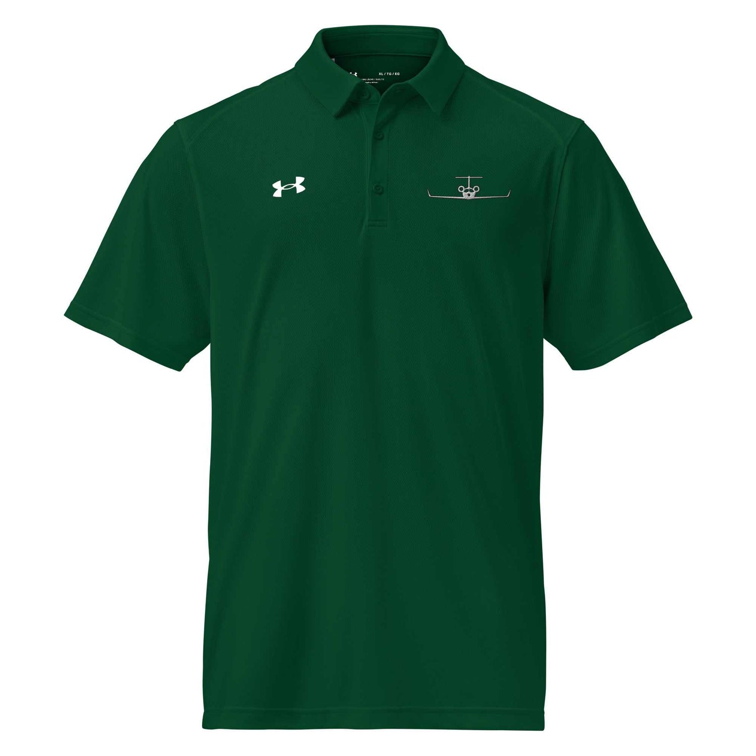 Green performance polo shirt with embroidered private jet logo and Under Armour emblem