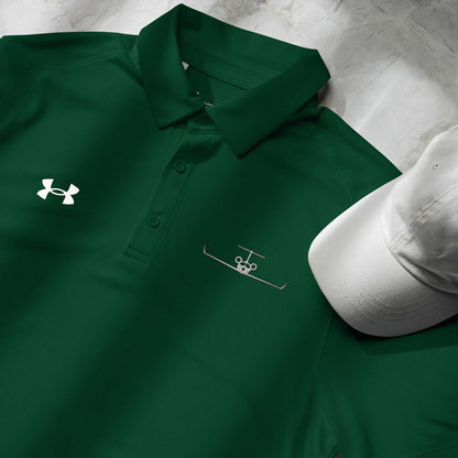 Green pilot polo shirt with embroidered private jet logo and Under Armour logo on chest next to a white cap
