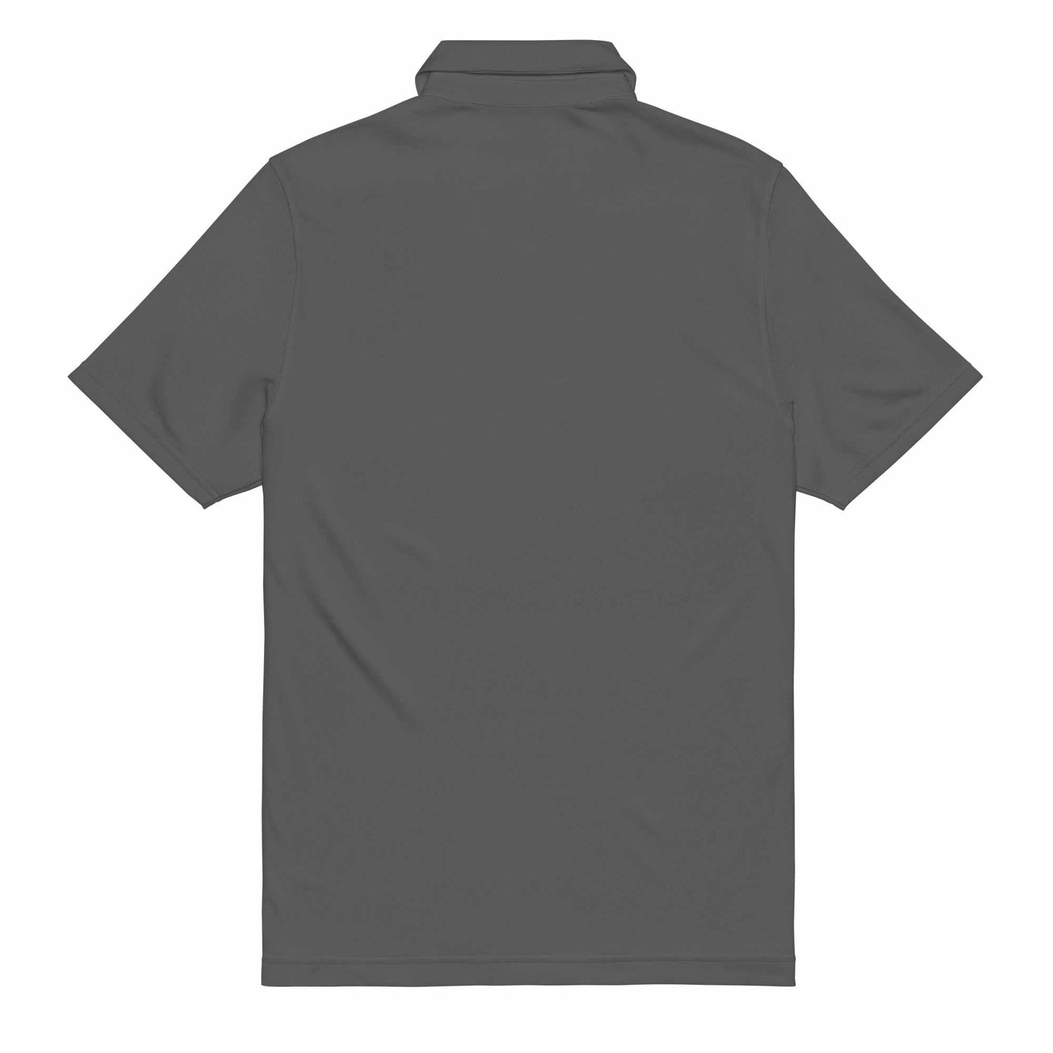 Back view of dark gray performance pilot polo shirt with embroidered private jet logo