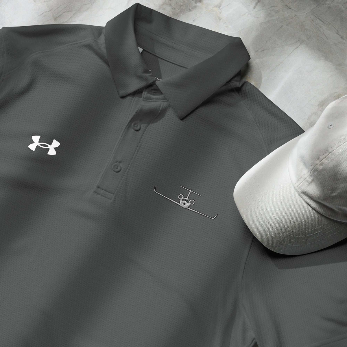 Men's pilot polo shirt with embroidered private jet logo, moisture-wicking and performance fit golf travel shirt