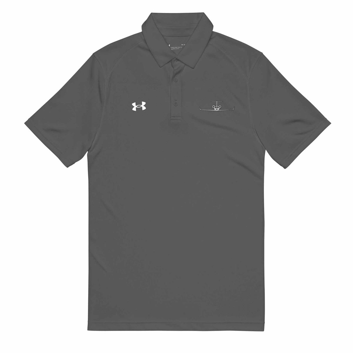 Men's pilot polo shirt with embroidered private jet logo, moisture-wicking, performance fit for golf and travel