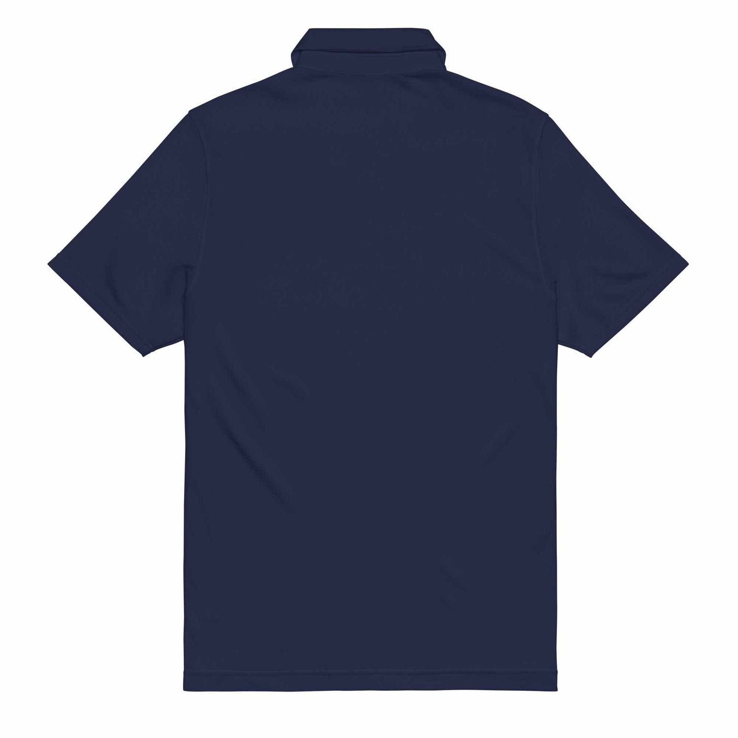 Back view of navy pilot polo shirt with embroidered private jet logo, short sleeves, and performance fit for travel and golf