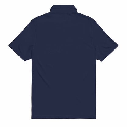 Back view of navy pilot polo shirt with embroidered private jet logo, short sleeves, and performance fit for travel and golf