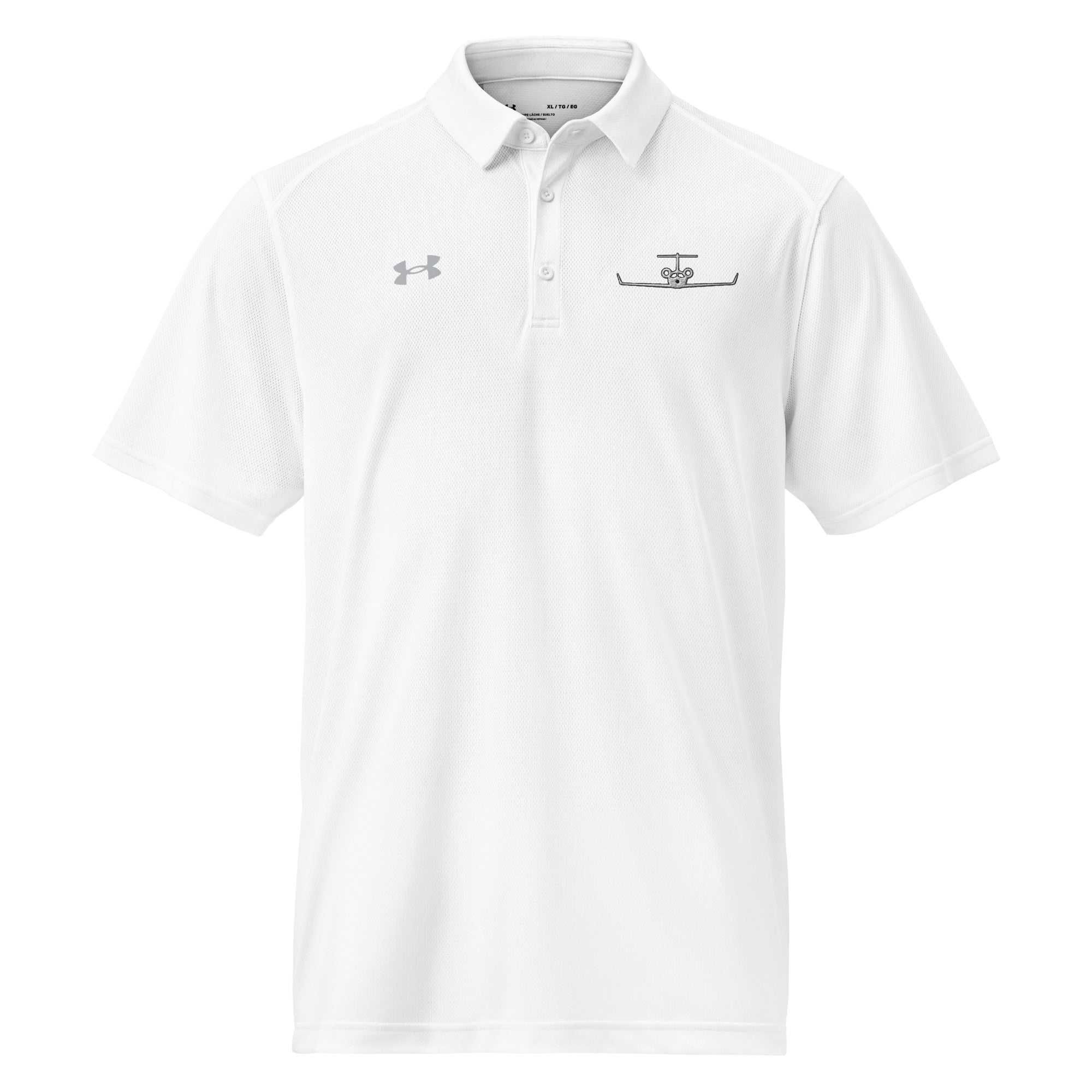 White pilot polo shirt with embroidered private jet logo on chest, performance fit, moisture-wicking fabric, and collared short sleeves