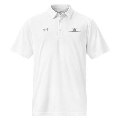 White pilot polo shirt with embroidered private jet logo on chest, performance fit, moisture-wicking fabric, and collared short sleeves
