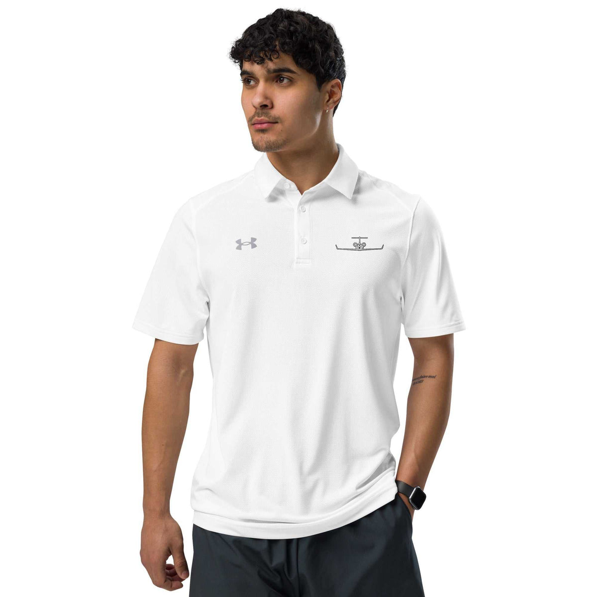 Men's pilot polo shirt with embroidered private jet logo, moisture-wicking performance fabric, available in black, white, and navy