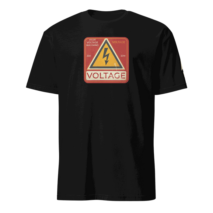 Black High Voltage Warning Sign T-shirt with retro industrial design and yellow caution symbol on front