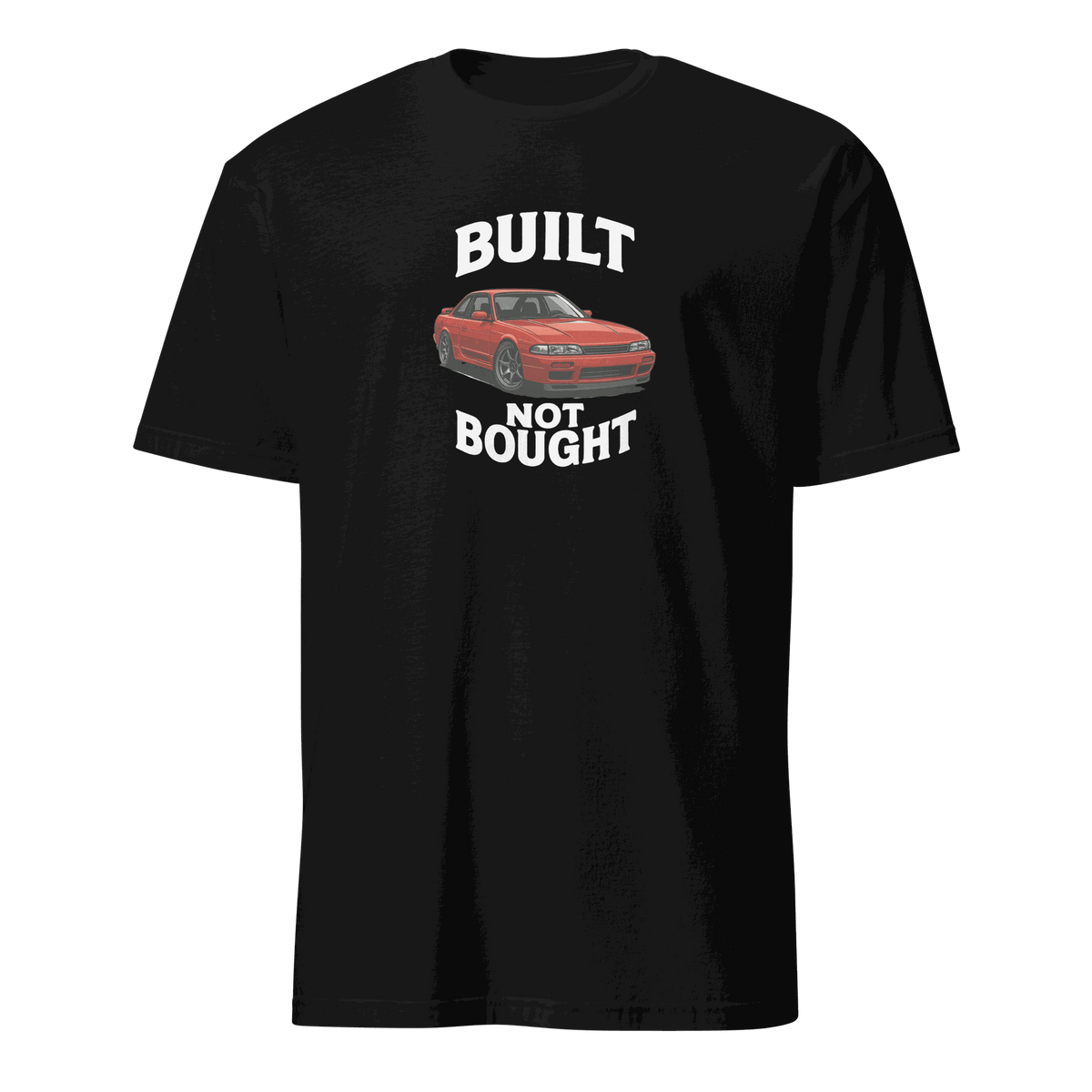 Black Retro Muscle Car Enthusiast T Shirt with "Built Not Bought" text and red car graphic, perfect for car lovers