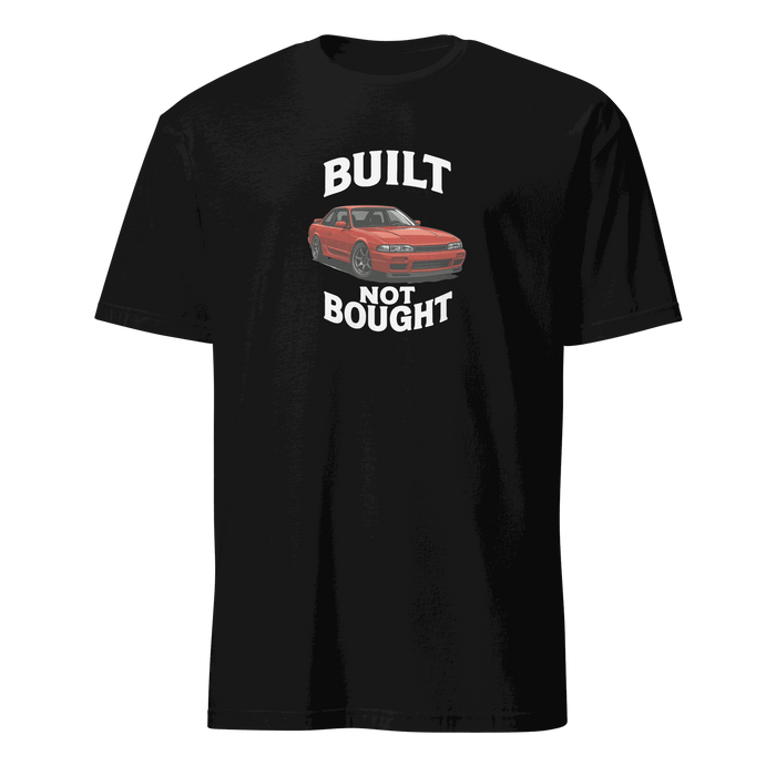 Black Retro Muscle Car Enthusiast T Shirt with "Built Not Bought" text and red car graphic, perfect for car lovers