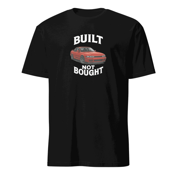 Black Retro Muscle Car Enthusiast T Shirt with "Built Not Bought" text and red car graphic, perfect for car lovers