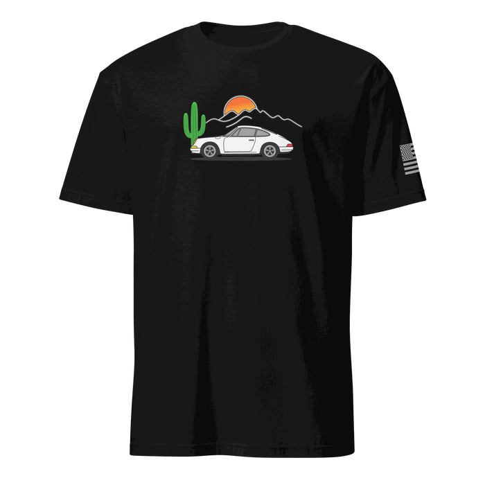 Black motorsport t-shirt with vintage car, cactus, mountain, and sunset design for car enthusiasts