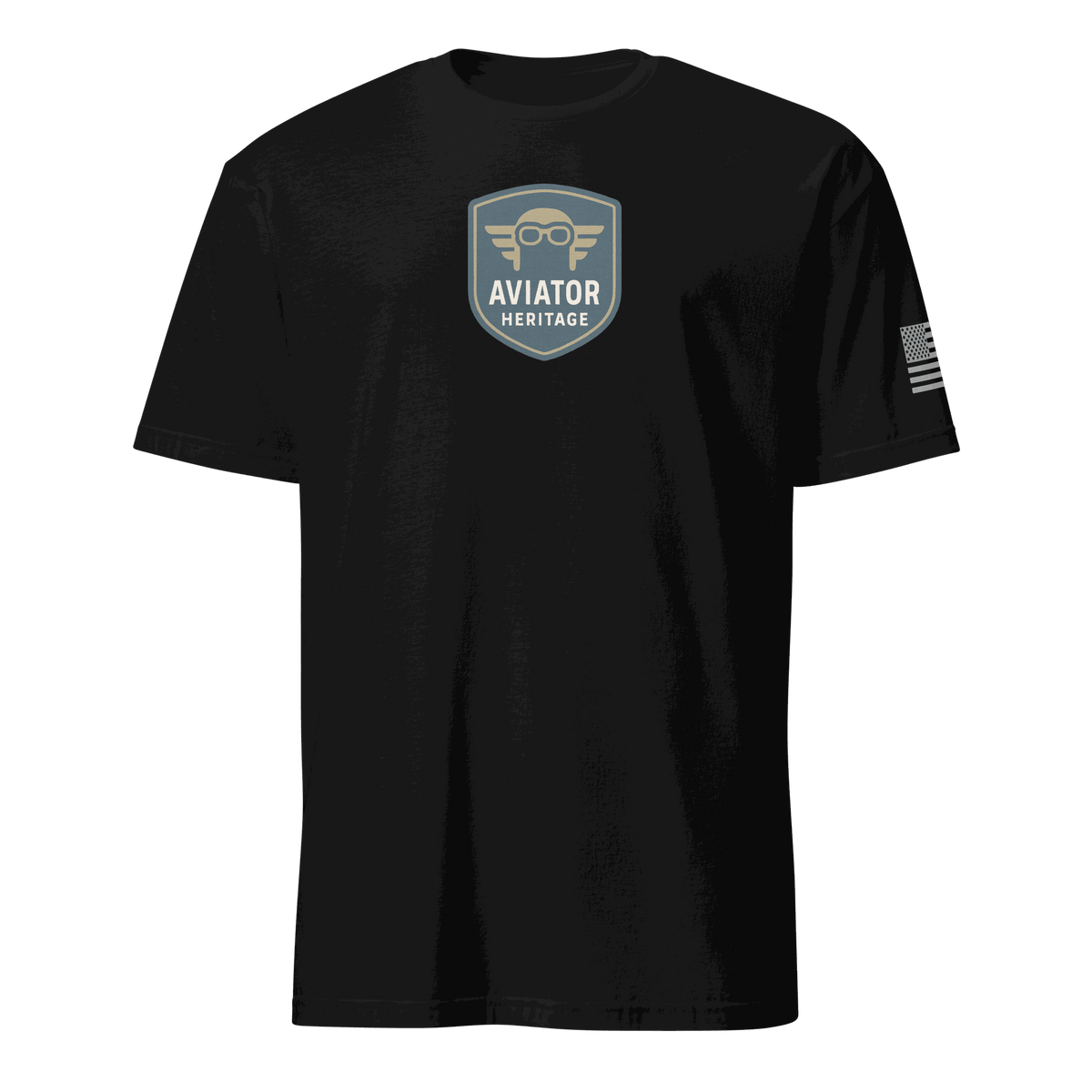 Black vintage aviation t-shirt with Aviator Heritage logo and durable cotton fabric