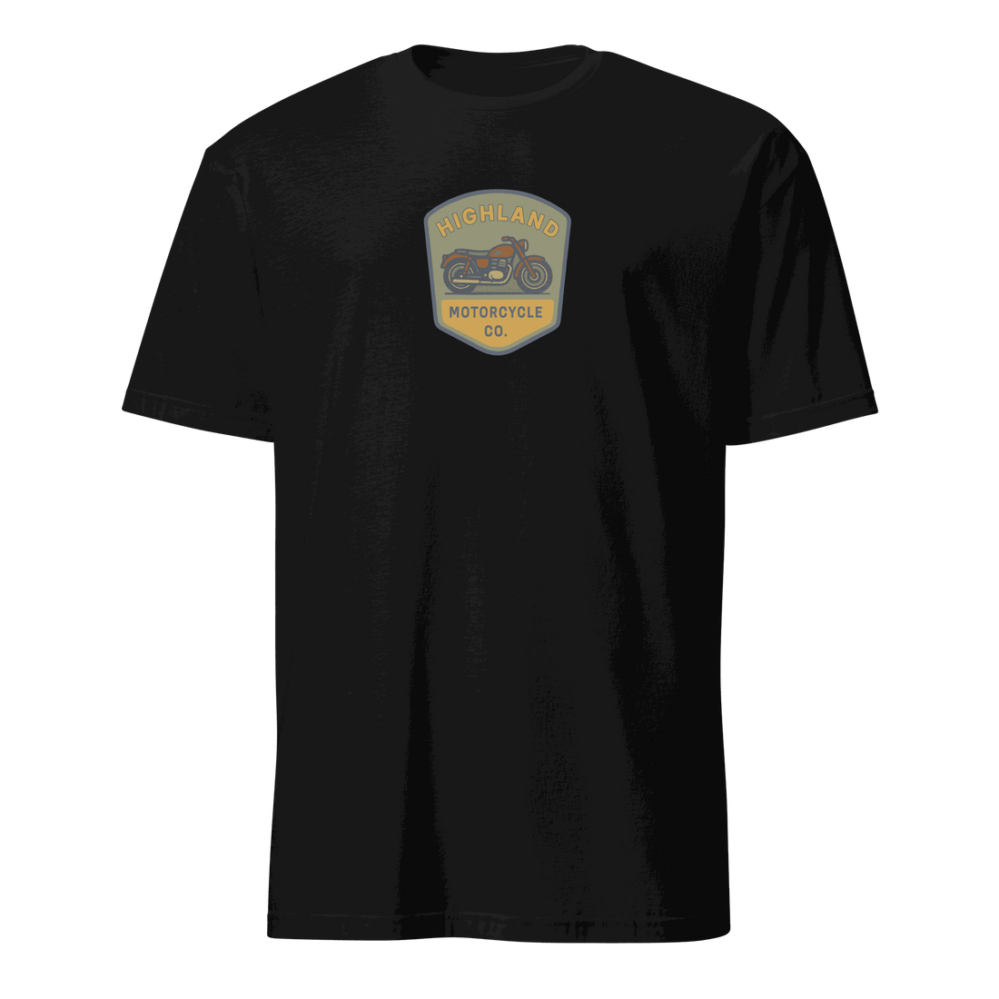 Black Vintage Biker T-Shirt with Highland Motorcycle Co. logo, made of 100% organic cotton, classic fit for motorcycle enthusiasts