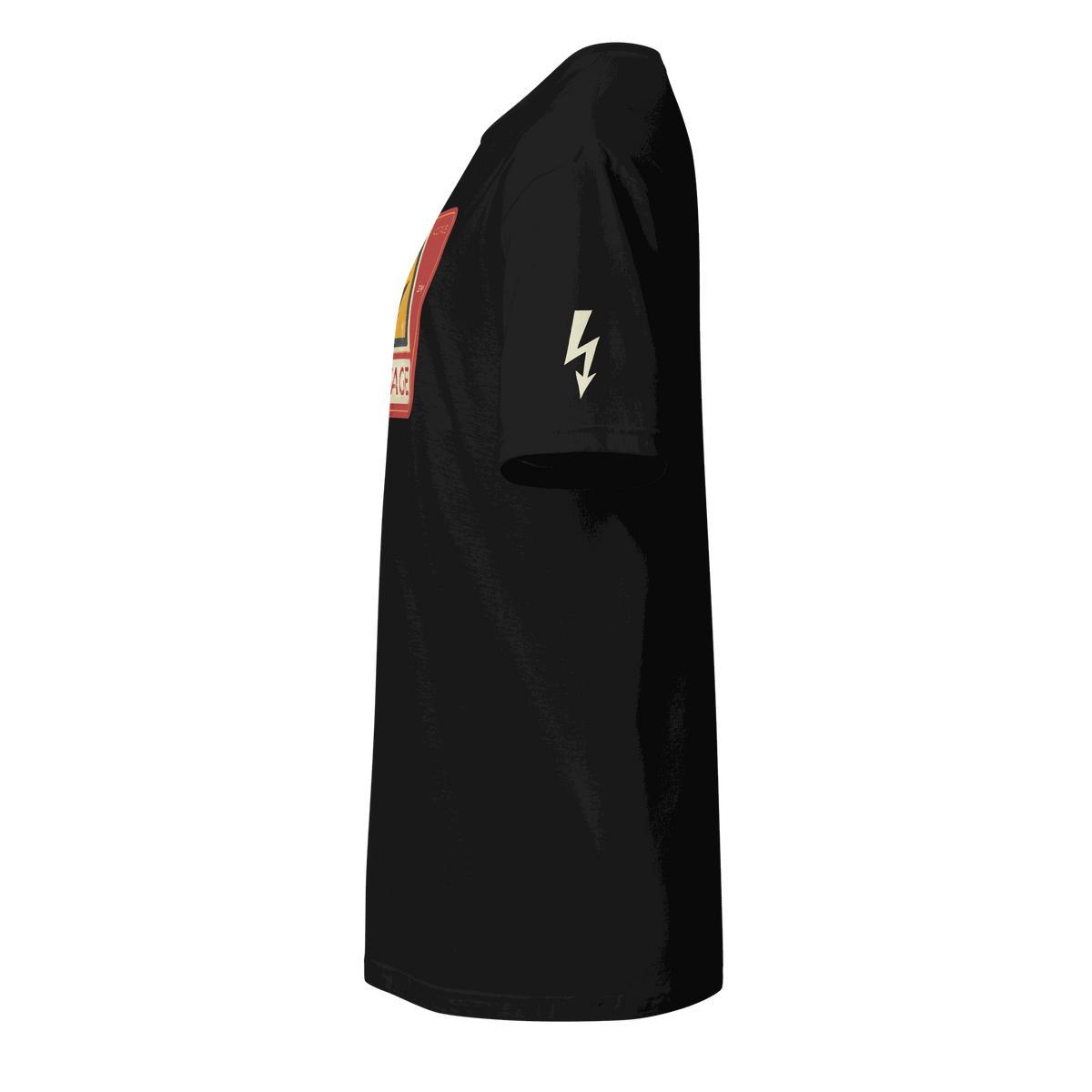 Side view of black High Voltage Warning Sign T-shirt with lightning bolt graphic on sleeve