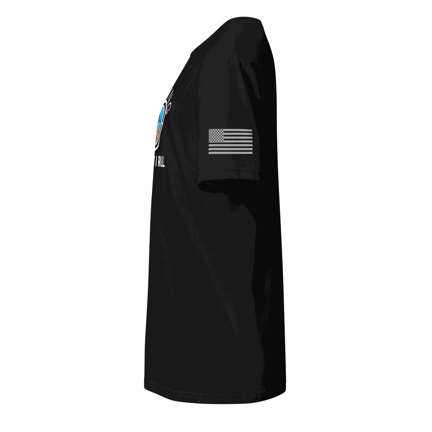 Black flying machine t-shirt with American flag on sleeve, side view