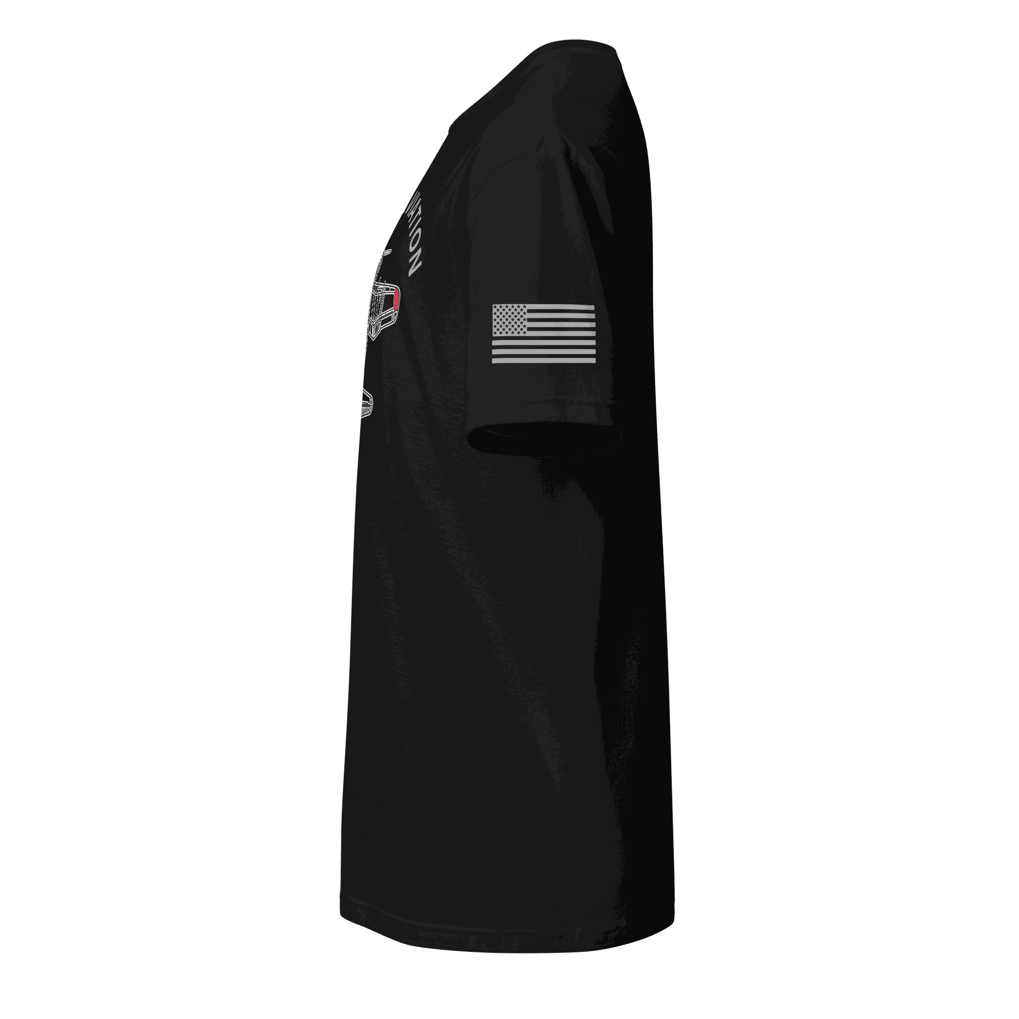 Black Aviation T-Shirt with American flag on sleeve, classic pilot gift design, comfortable and durable cotton fabric
