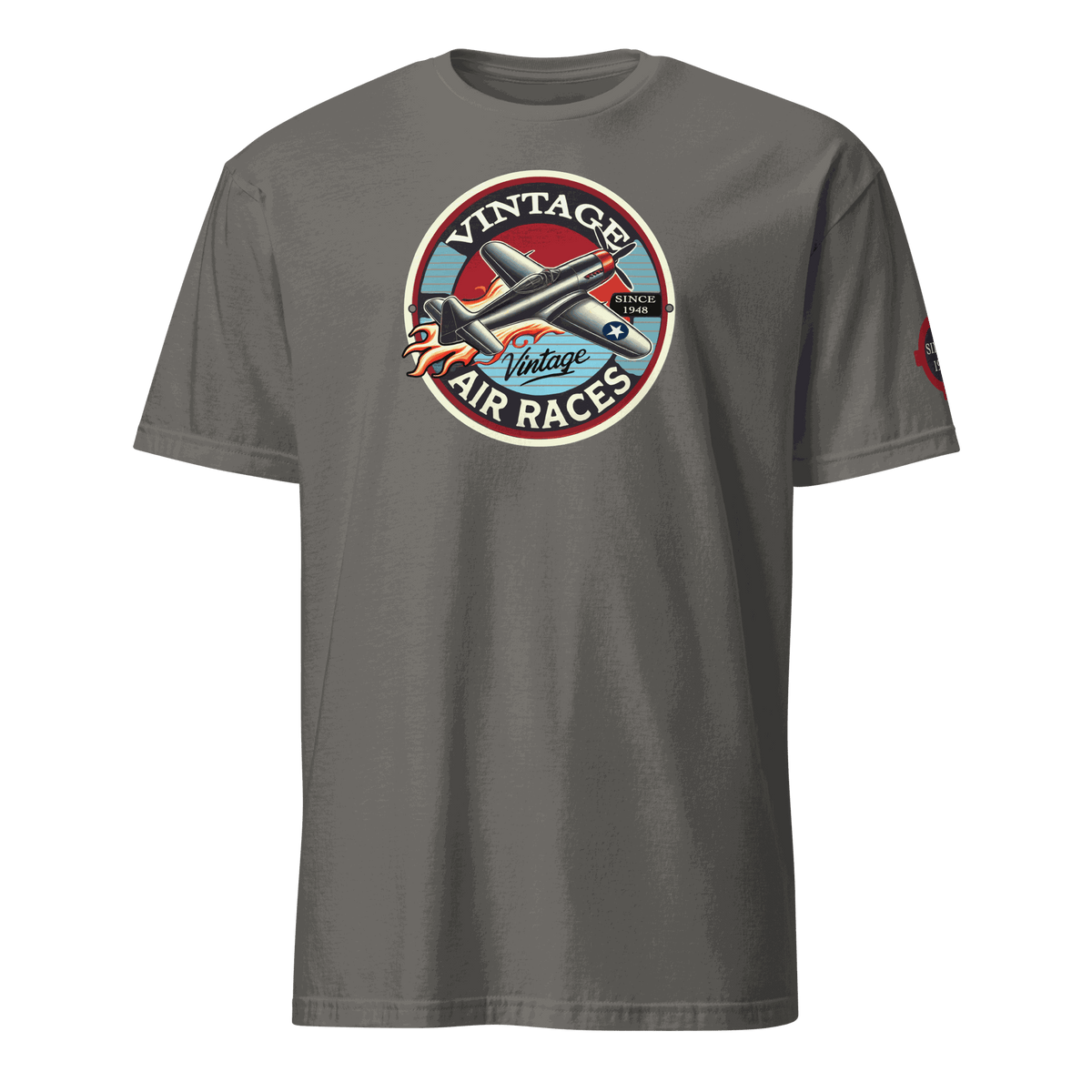 Grey Vintage Air Races T-Shirt with retro plane graphic and circular vintage logo design