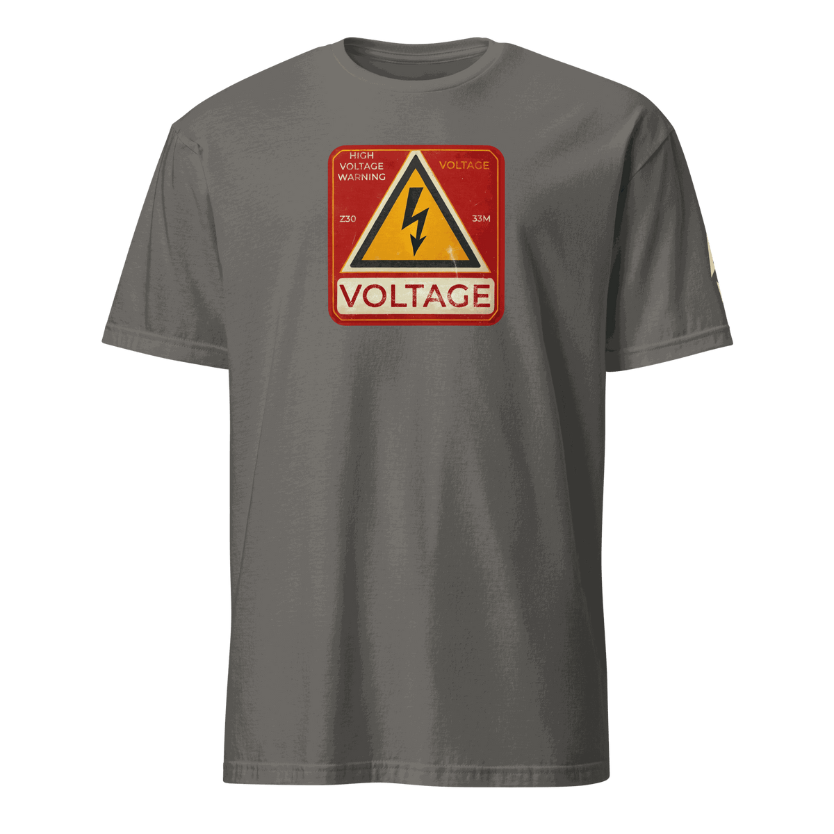 Gray High Voltage Warning Sign T-shirt with retro industrial voltage graphic and lightning bolt design