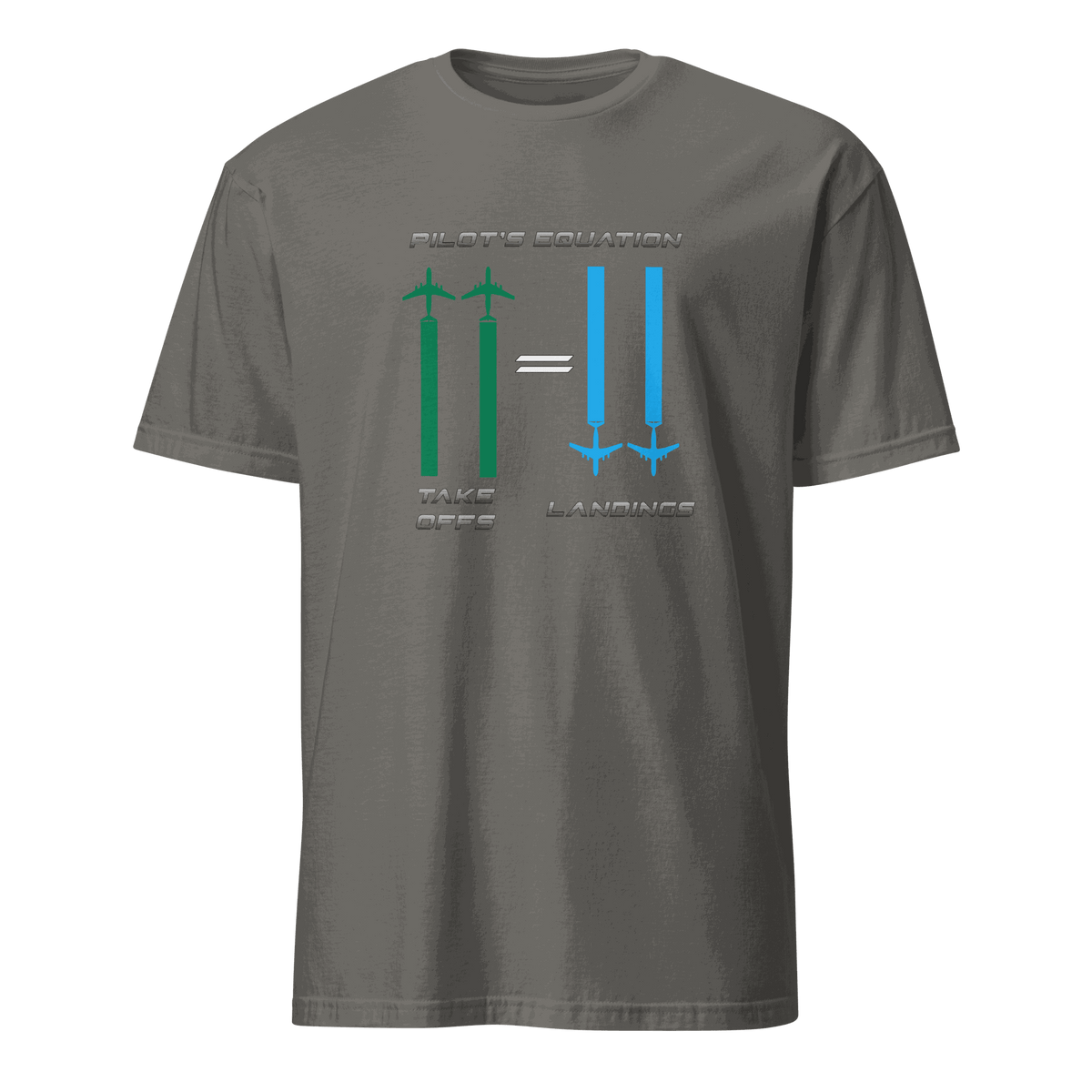 Pilot Equation T-Shirt with humorous aviation graphic showing equality of takeoffs and landings on a gray unisex tee