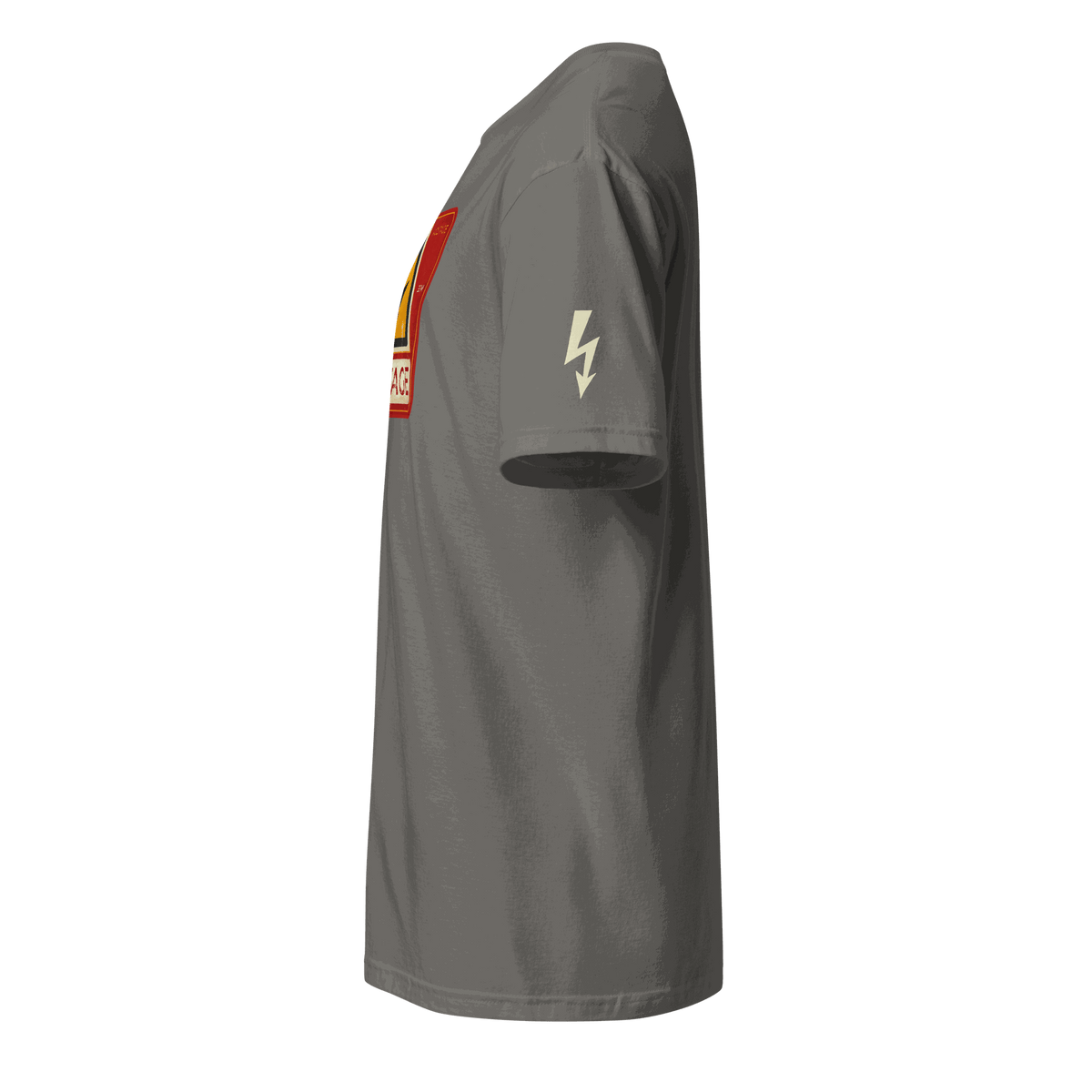 Gray High Voltage Warning Sign T-shirt with lightning bolt on sleeve, retro industrial style design