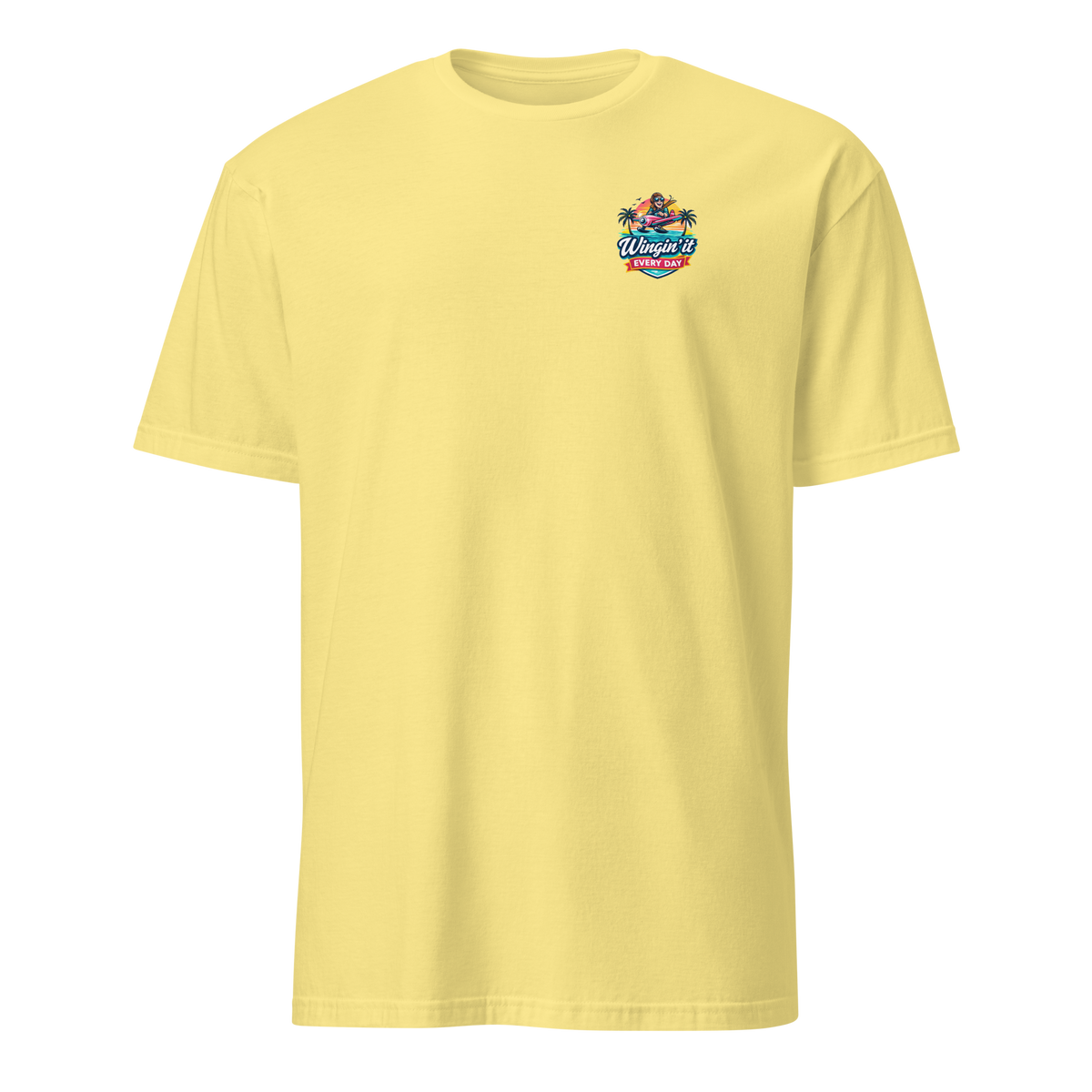Aviation t-shirt Wingin' It Every Day Aviation T-Shirt in yellow color with vibrant logo front design.