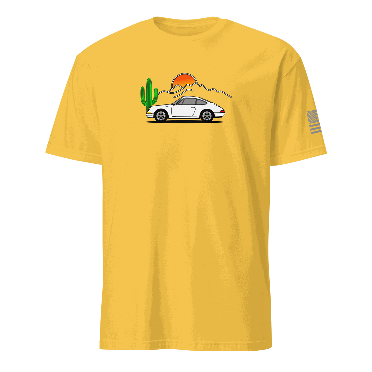 Yellow motorsport t-shirt with classic car and desert sunset design for car enthusiasts