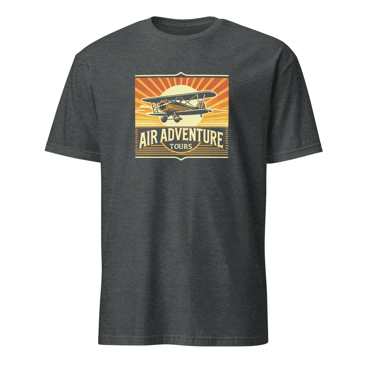 vintage aviation graphic tee with retro airplane design and air adventure tours text on dark gray background