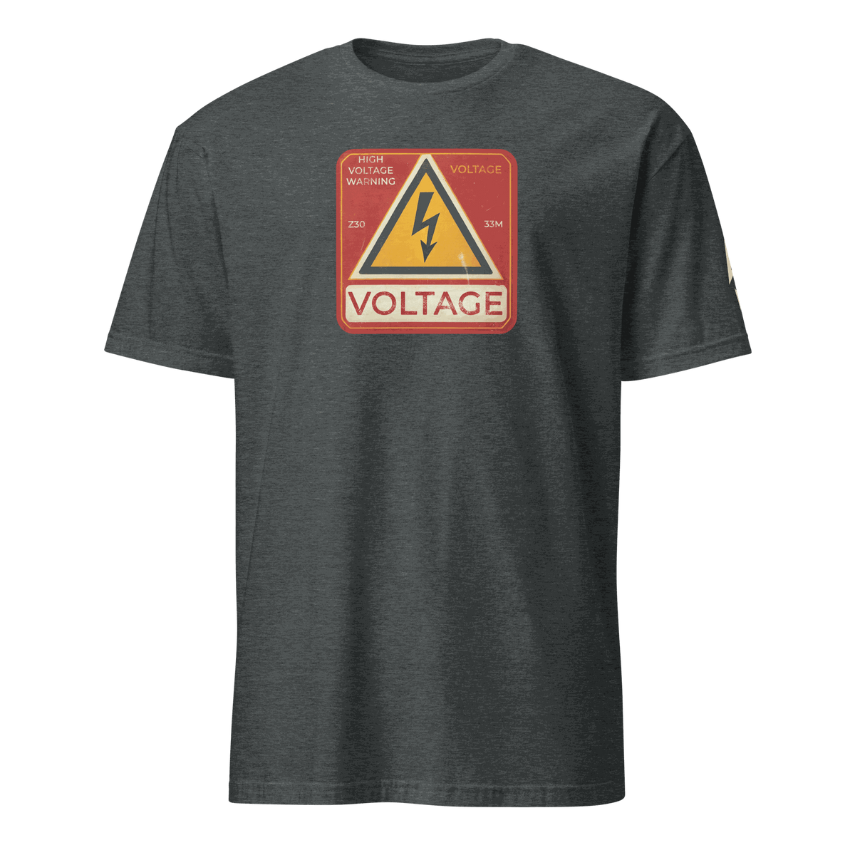 Dark gray High Voltage Warning Sign T-shirt with retro industrial design and voltage symbol on front