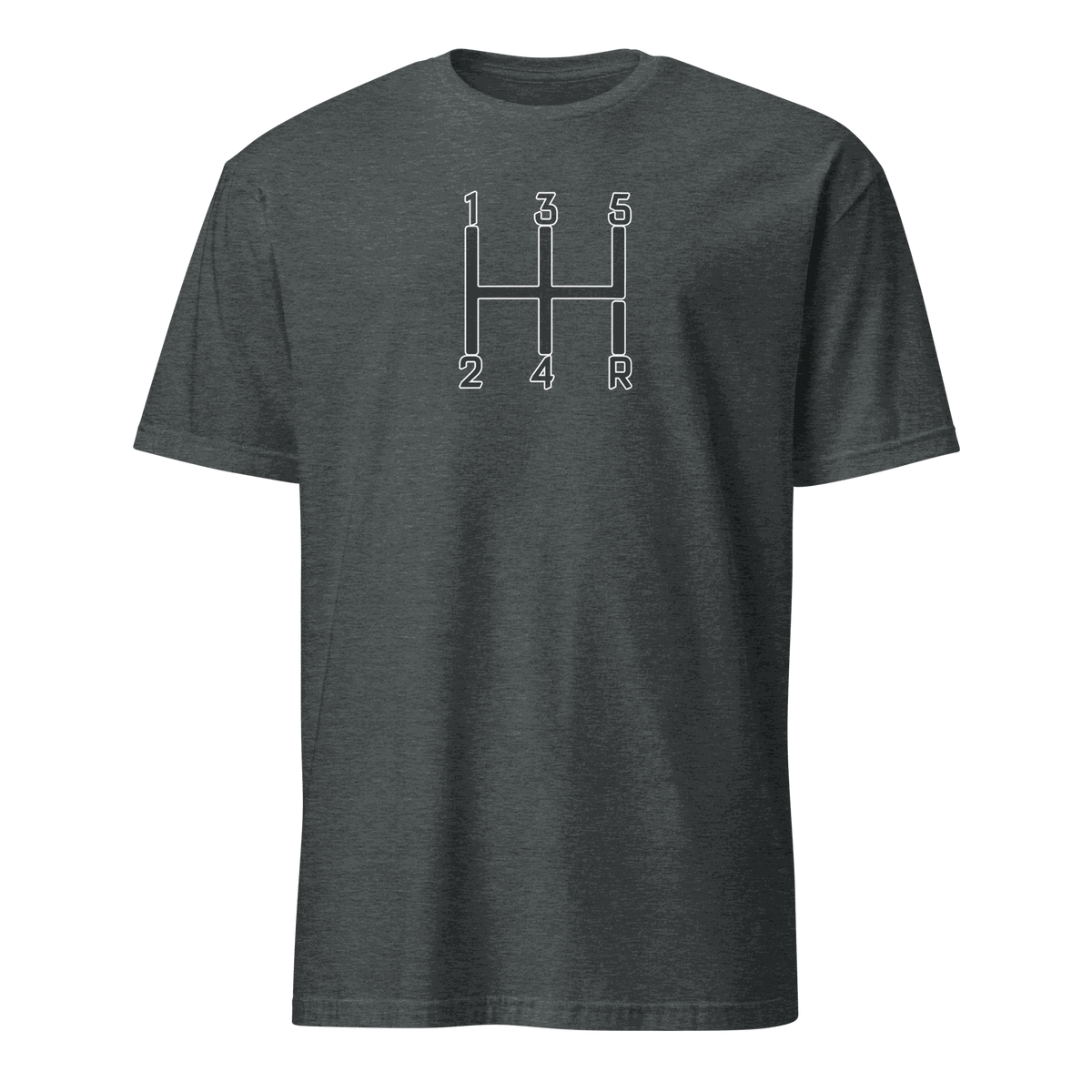 Dark gray Manual Transmission T-Shirt with white gear shift pattern design for car enthusiasts