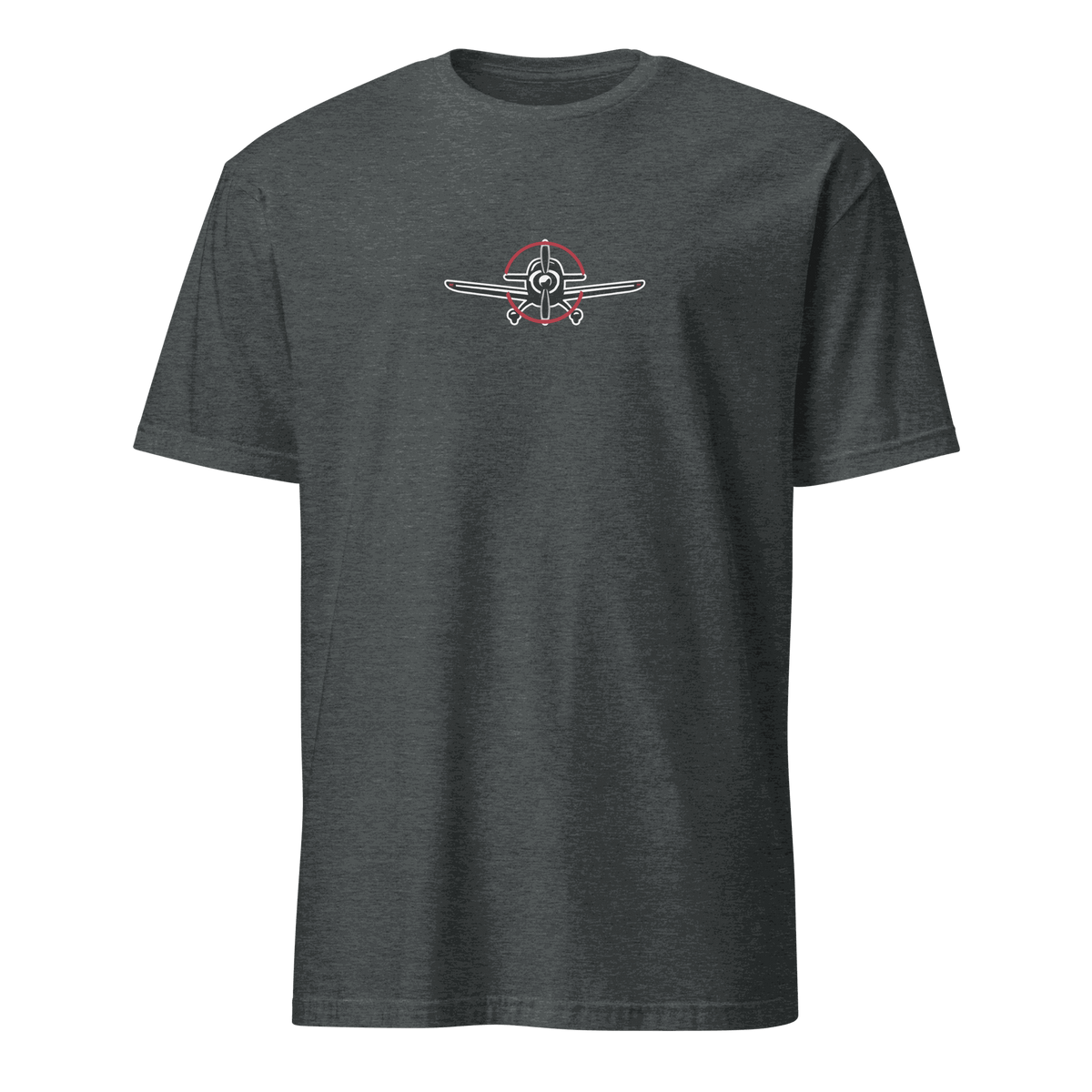 aviation t-shirt for airplane lovers featuring a stylish airplane design on a dark gray shirt.