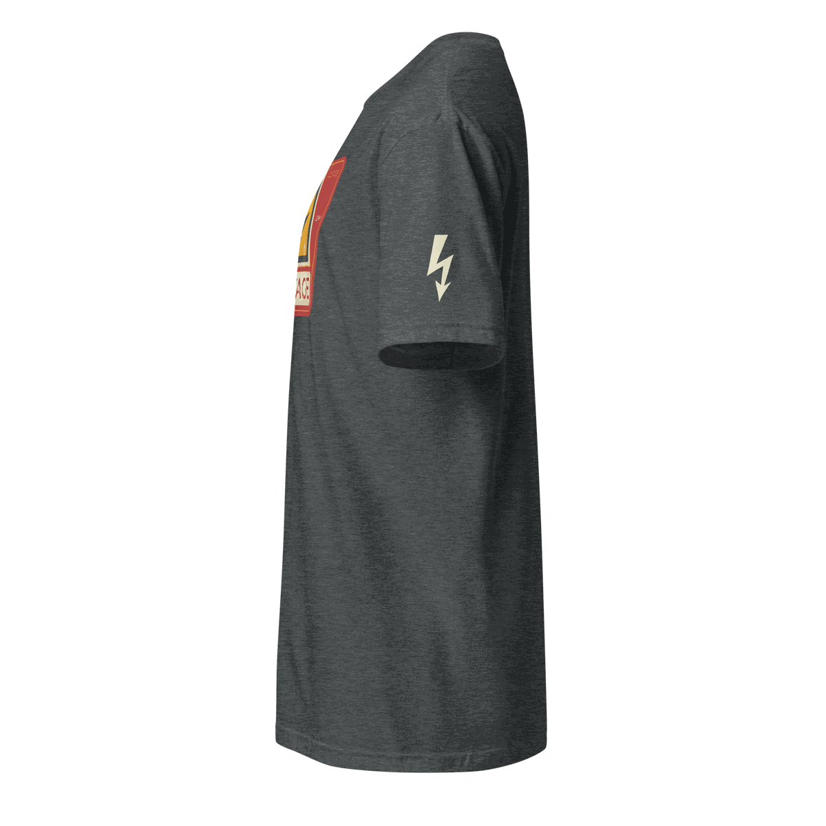 Side view of dark gray High Voltage Warning Sign T-shirt with lightning bolt graphic on sleeve and retro industrial design on front