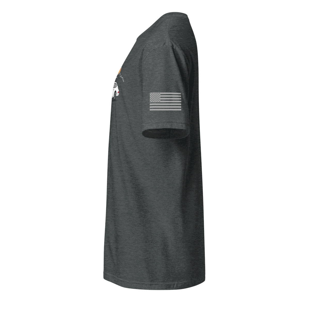 Side view of dark gray motorsport t-shirt with American flag on sleeve for car enthusiasts