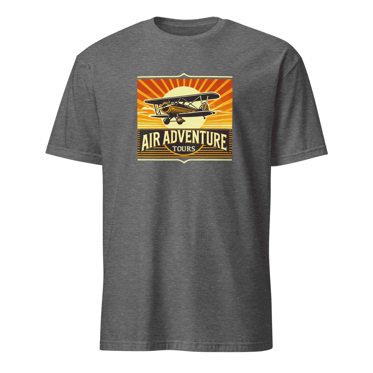 vintage aviation graphic tee with retro airplane and Air Adventure Tours design on gray background